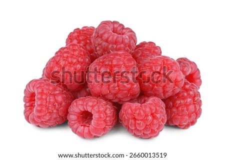 Macro image of pile, stack of fresh ripe red raspberries isolated on white background. Clean eating organic berry, healthy lifestyle and nutrition concept. Perfect for summer food, harvest themes