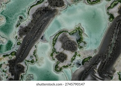 Macro image of a polished thin section of tinguaite — a rare alkaline vein rock and subvolcanic analogue of aegirine-nepheline syenite, sourced from the Khibiny Massif (Kola Peninsula, Russia). The image reveals characteristic textural features: dark violet to purple domains corresponding to aegirine, and light green areas representing nepheline or glassy groundmass. Small lilac spots are overgrown fluorite, typical of banded tinguaite varieties. Black dots and veinlets consist of iron oxide inclusions (magnetite, ilmenite), alongside rare yellow troilite crystals. White rims and grain boundaries are albite zones formed by rhythmic crystallization from sodium- and potassium-rich melts, with compositional variations reflected in the contrasting shades. The color palette is enhanced by optical anisotropy under polarized light or digital processing for scientific visualization.
The field of view of 15 mm captures microstructural details: mineral distribution, crystal morphology, phase boundaries, and included phases. Tinguaite from Khibiny is notable for its diverse textural patterns — ranging from massive to intricate 