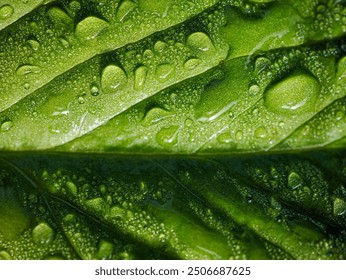 Macro image of water droplets on  green leaves, close-up of rainy season drops rainwater on the grass - Powered by Shutterstock