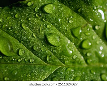 Macro image of water droplets on  green leaves, close-up of rainy season drops rainwater on the grass - Powered by Shutterstock