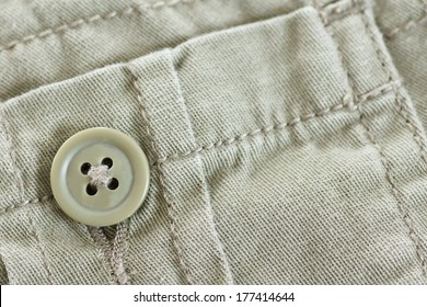 Macro Of Khaki Pants Pocket Button, Cotton Textile, Great Details   