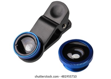 Macro Lens For Cell Phone Camera With Wide Angle Lens And Clip Isolated On White Background. This Lenses  Give You The Ability To Expand The Capabilities Of Your Mobile Photos.