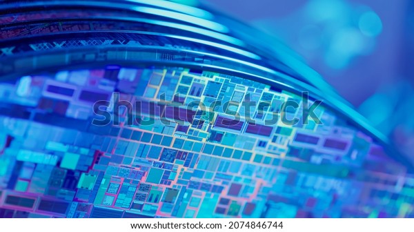 Macro of many silicon Wafer with semiconductors in\
box inside clean room