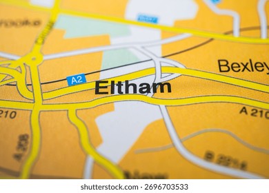 Macro map view showing Eltham district with A2 road in London