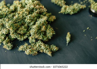 Macro Of Marijuana Bud With Trichomes And Crushed Weed For Chopping A Canabis On A Black Table Close Up