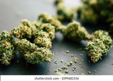 Macro Of Marijuana Bud With Trichomes And Crushed Weed For Chopping A Canabis On A Black Table Close Up