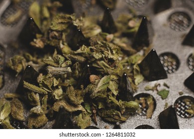 Macro Marijuana With Trichomes And Chopped Grass In A Coffee Grinder To Grind Cannabis