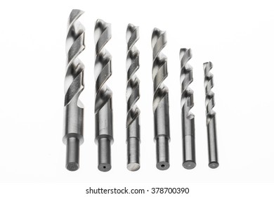 Macro Metal Drill Bit Isolated On White Background. Steel Drills HSS (High Speed Steel)