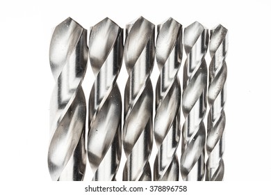 Macro Metal Drill Bit Isolated On White Background. Steel Drills HSS (High Speed Steel)