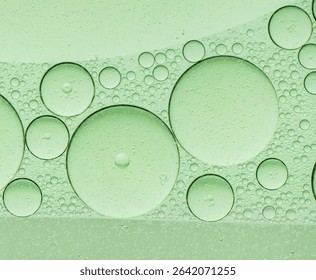 Macro microscope green bubble texture, Close-up Green bubbles and drops oil background . blue green water bubbles, close up golden oil drop for cosmetic