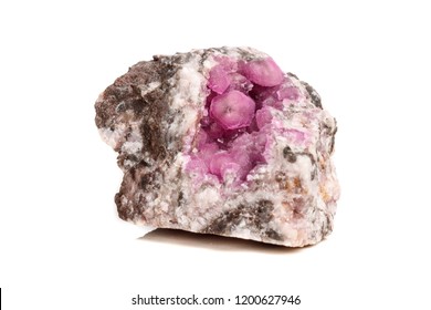 Macro mineral stone Cobalt Calcite rock on white background close up