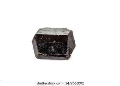 macro mineral stone schorl, black tourmaline on white background close up