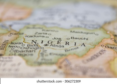 Macro of Nigeria on a globe, narrow depth of field