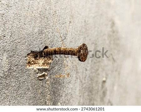 Macro of an old rusty bent nail driven into a rough concrete wall