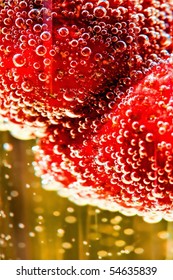 Macro On Bubbly Strawberry On Champagne Glass
