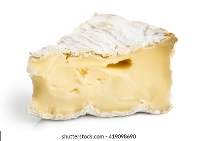 Macro of one piece of white mould cheese isolated on white.