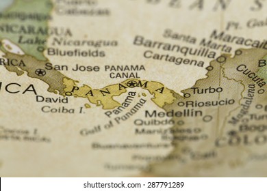 Macro of Panama on a globe, narrow depth of field