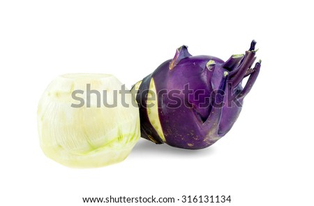Macro of peeled whole purple kohlrabi cabbage turnip studio isolated on white