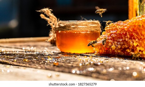 Macro photo of a bee hive on a honeycomb. Bees produce fresh, healthy, honey. Honey background. Beekeeping concept. Long banner format. - Powered by Shutterstock