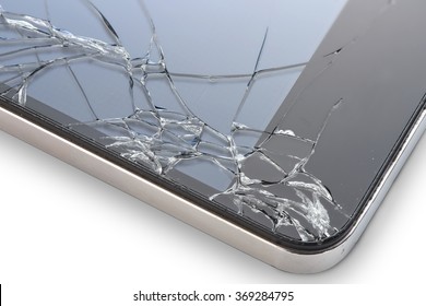 Macro photo of an cell phone with broken display isolated on white