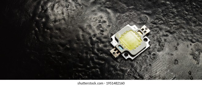 Macro Photo Of COB LED (Chip On Board). LED Powerful. LED Diode Close-up. Top View. Saving Energy Concept. Full Depth Of Field. Panoramic Image, Hires Banner.