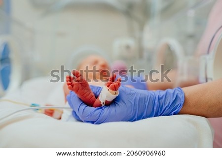 Macro photo of doctor's hands and legs of a child. Newborn is placed in the incubator. Neonatal intensive care unit