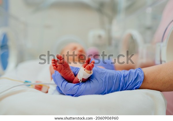 Macro photo\
of doctor\'s hands and legs of a child. Newborn is placed in the\
incubator. Neonatal intensive care\
unit