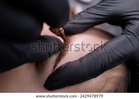 Macro photo of eyebrows with applied permanent makeup in pixel technique. PMU Procedure, Permanent Eyebrow Makeup.