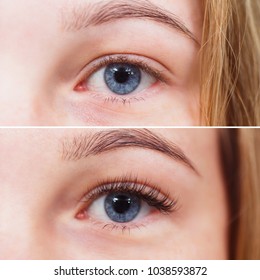 Macro photo of female eye before and after eyelash extension