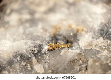 Macro Photo Of Gold Vein.  Showing Nuggets In The Stone