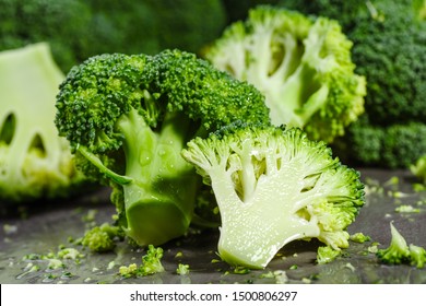 Macro photo green fresh vegetable broccoli. Fresh green broccoli on a black stone table.Broccoli vegetable is full of vitamin.Vegetables for diet and healthy eating.Organic food.  - Shutterstock ID 1500806297