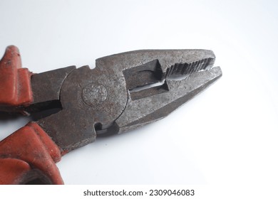 macro photo of iron pliers with white background