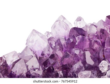 macro photo of lilac amethyst crystals isolated on white background