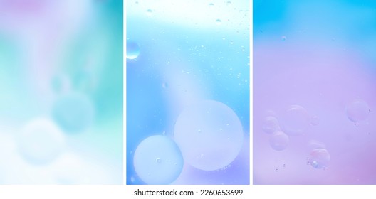 Macro photo oil bubbles water  Delicate cosmetic blue  violet background for advertising products  Vertical photo  copy space  Gradient  set 3 vertical images  banner  Gradient