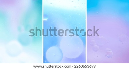 Macro photo of oil bubbles on water. Delicate cosmetic blue-violet background for advertising products. Vertical photo, copy space. Gradient, set of 3 vertical images, banner. Gradient