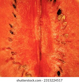 Macro photo of a ripe red watermelon pulp with seeds. Vibrant color, juicy and fresh vibe. Image for food industry, ads, blog posts or social media content about healthy eating and recipes - Shutterstock ID 2315224517