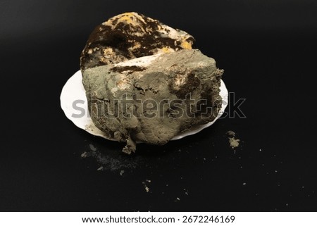 Macro photo of spoiled bread covered with mold fungus and bacteria on a white plate on dark background concept of food waste contamination and unhealthy product