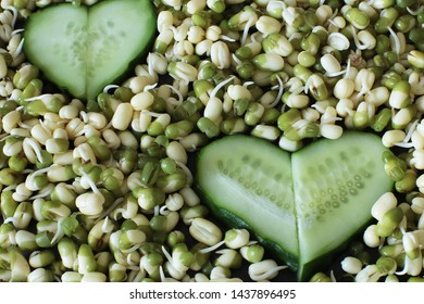 Macro photo of sprouted mung and cucumber heart, sprouts vegetarians and raw food, lots of mung bean and cucumber