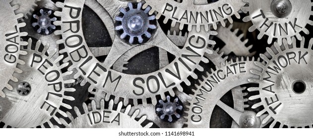 Macro photo of tooth wheel mechanism with PROBLEM SOLVING concept related words imprinted on metal surface - Shutterstock ID 1141698941