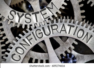 Macro photo of tooth wheel mechanism with SYSTEM CONFIGURATION letters imprinted on metal surface - Shutterstock ID 609274616