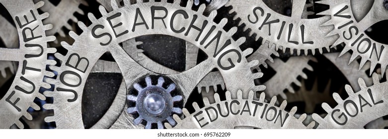 Macro photo of tooth wheel mechanism with JOB SEARCHING, SKILL, FUTURE, VISION, GOAL and EDUCATION concept letters