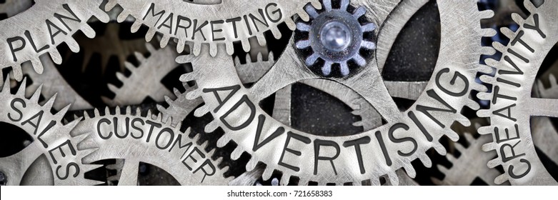 Macro photo of tooth wheel mechanism with ADVERTISING, SALES, PLAN, CREATIVITY, CUSTOMER, MARKETING concept words - Shutterstock ID 721658383