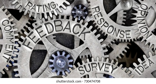 Macro Photo Of Tooth Wheel Mechanism With FEEDBACK, RESPONSE, OPINION, COMMENT, SURVEY, IDEA And RATING Concept Words