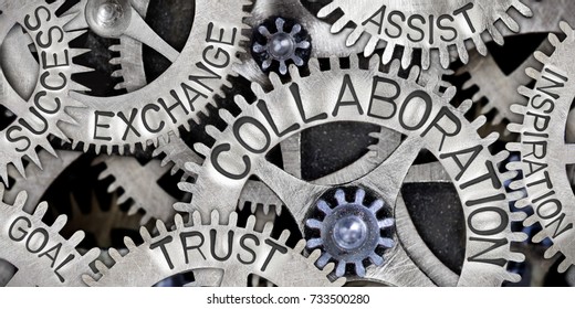 Macro Photo Of Tooth Wheel Mechanism With COLLABORATION, EXCHANGE, TRUST, ASSIST, GOAL, SUCCESS And INSPIRATION Concept Words