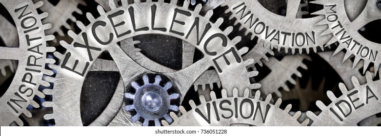 Macro photo of tooth wheel mechanism with EXCELLENCE, VISION, IDEA, INSPIRATION, INNOVATION and MOTIVATION concept