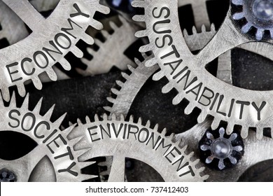 Macro Photo Of Tooth Wheel Mechanism With SUSTAINABILITY, ECONOMY, SOCIETY And ENVIRONMENT Words Imprinted On Metal Surface