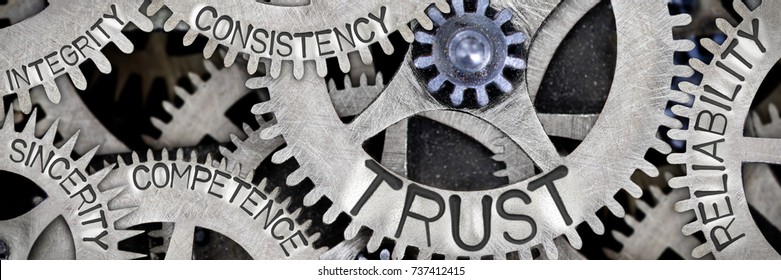 Macro photo of tooth wheel mechanism with TRUST, RELIABILITY, CONSISTENCY, COMPETENCE, INTEGRITY and SINCERITY words imprinted on metal surface - Shutterstock ID 737412415
