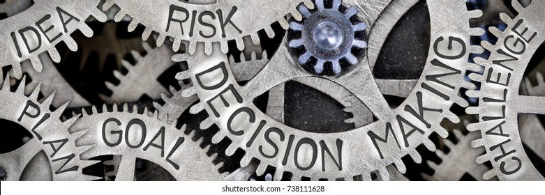 Macro photo of tooth wheel mechanism with DECISION MAKING, GOAL, RISK, IDEA, PLAN and CHALLENGE concept letters - Shutterstock ID 738111628