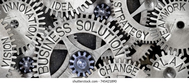 Macro photo of tooth wheel mechanism with BUSINESS SOLUTION, PLAN, STRATEGY, CHANGE, INNOVATION, VISION, TEAMWORK and IDEA words imprinted on metal surface