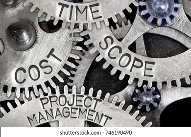 Macro photo of tooth wheel mechanism with Project Management, Scope, Cost, Time and Quality words imprinted on metal surface - Shutterstock ID 746190490